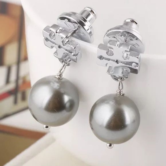 Tory Burch Jewelry - Tory Burch Silver Drop Pearl Logo Earrings
